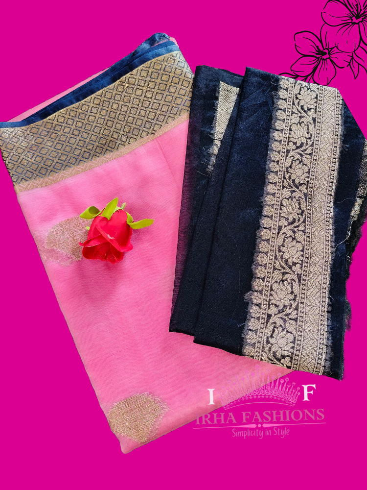Pink and Blue Kora Organza Silk Saree