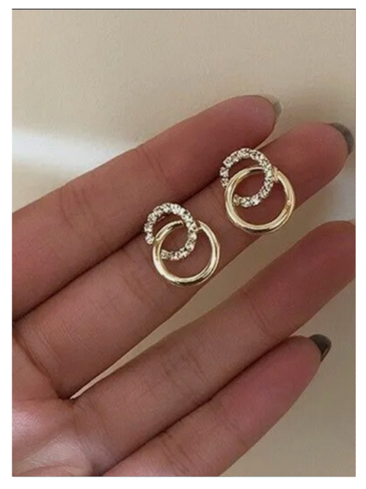 Gold CZ Double Circle Interlocked Stud Earrings