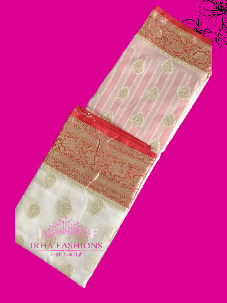 Red and White Kora Organza Silk Double Zaree