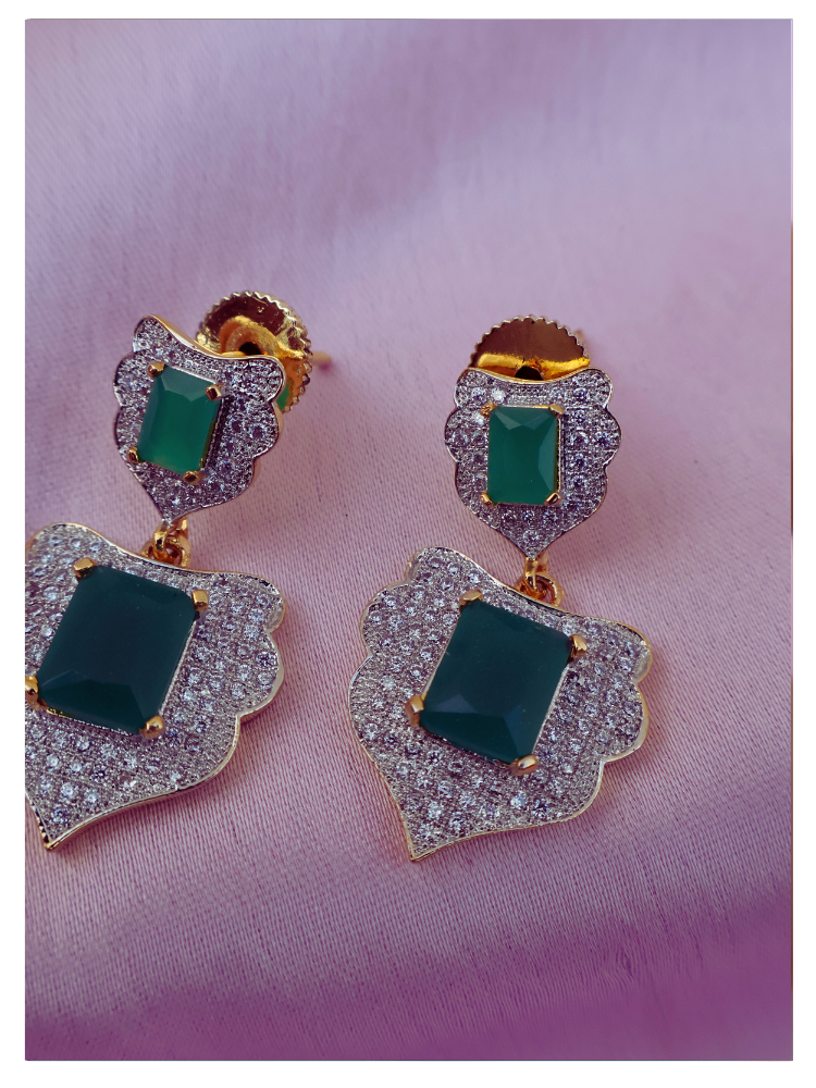 Gold CZ Emerald Green Drop Earrings