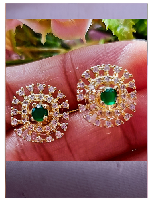 Gold American Diamond Emerald Sunburst Stud Earrings - Original