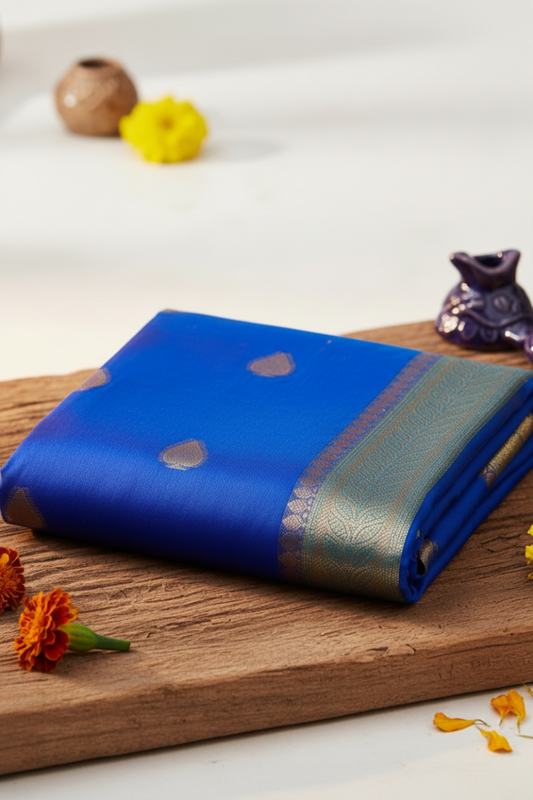 Blue with Skyblue Pure kora Organza Silk Saree
