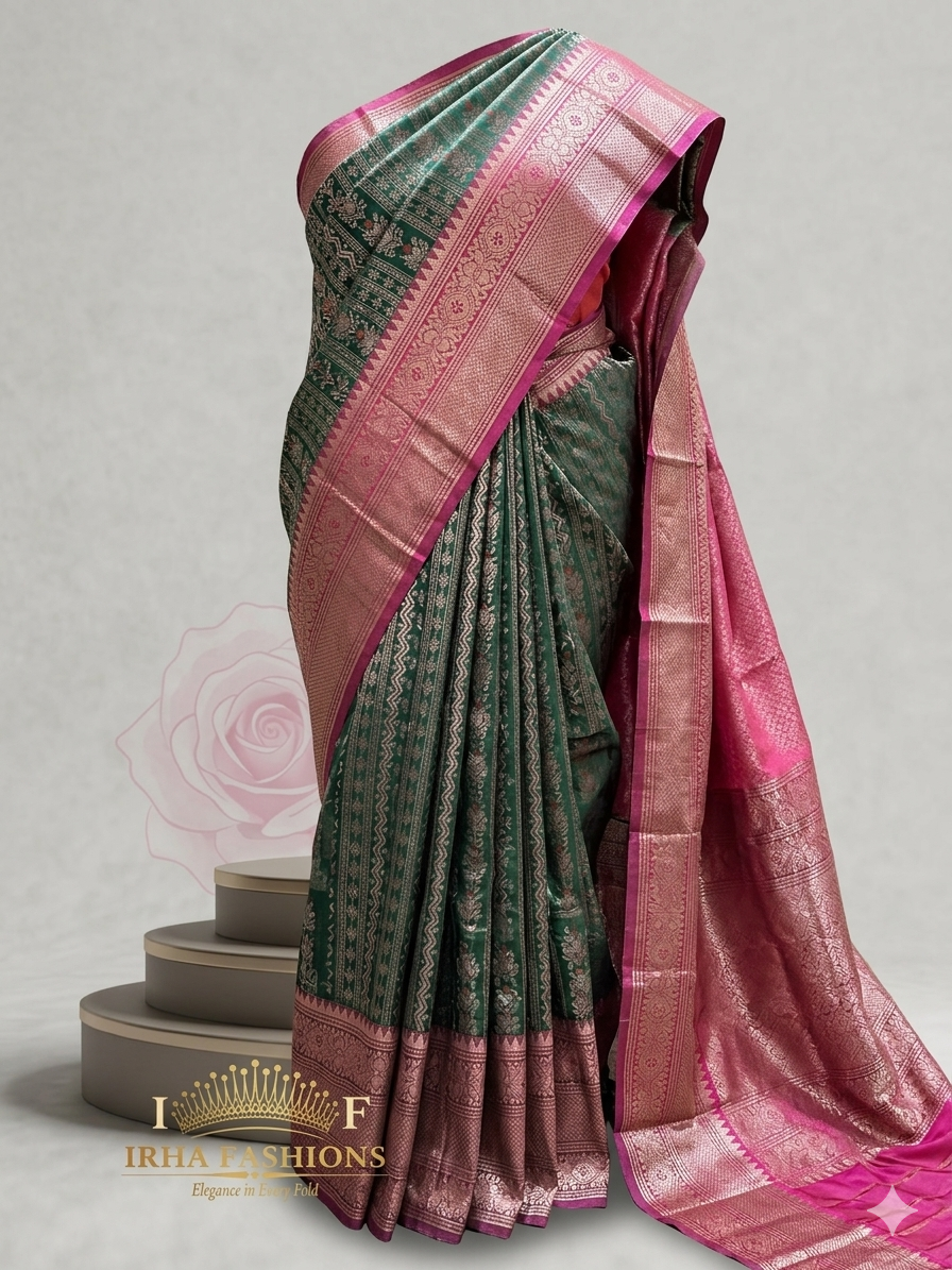 Green and Pink Banarasi Crepe Silk Saree