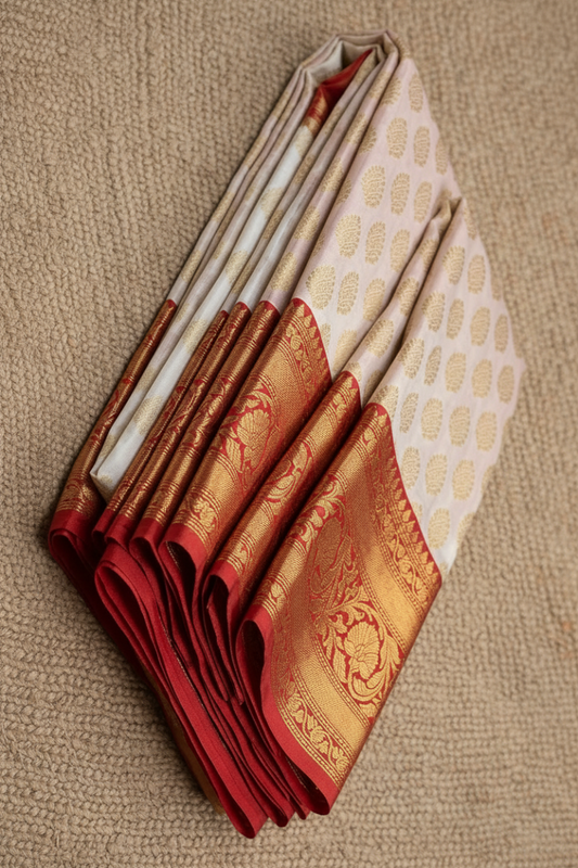 Red and White Kora Organza Silk Double Zaree