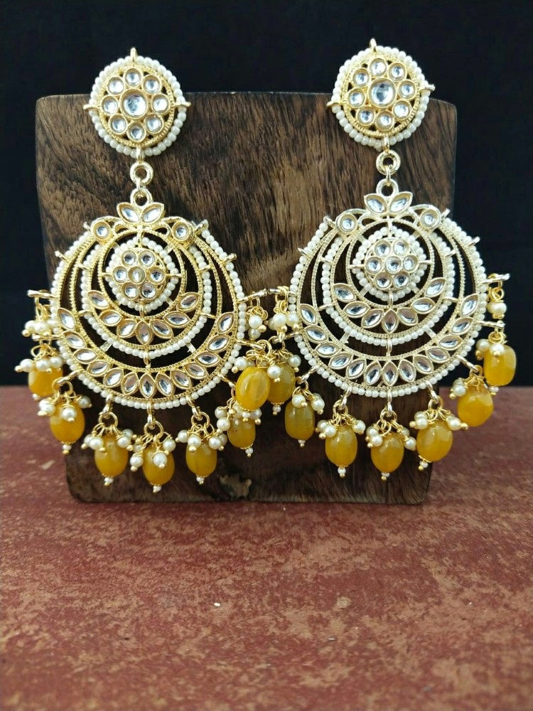 Yellow Pearl Kundan Chandbali Earrings - Original 2