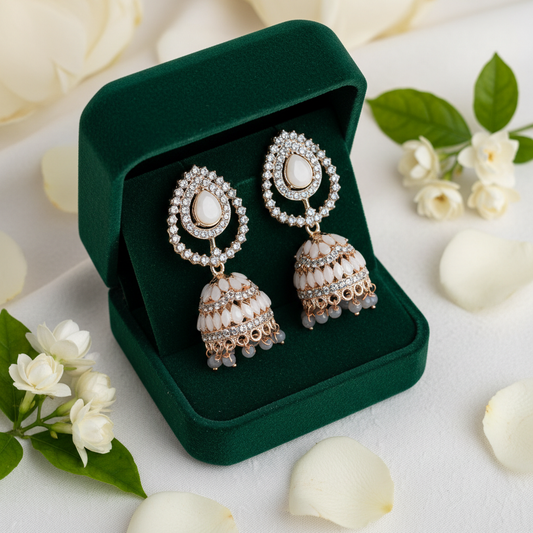White Ivory Teardrop Crystal Jhumki Earrings - Green Velvet Box