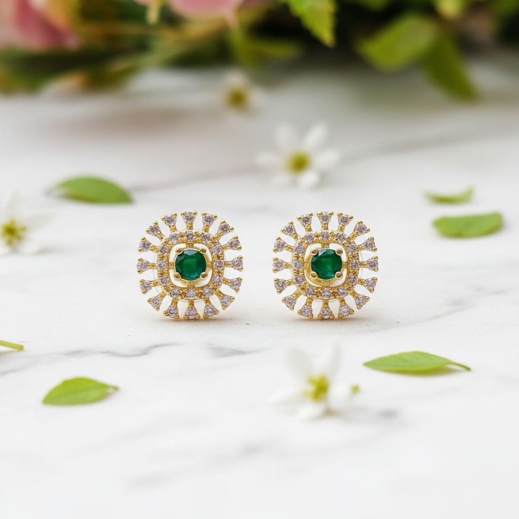 Gold American Diamond Emerald Sunburst Stud Earrings - Marble Lifestyle