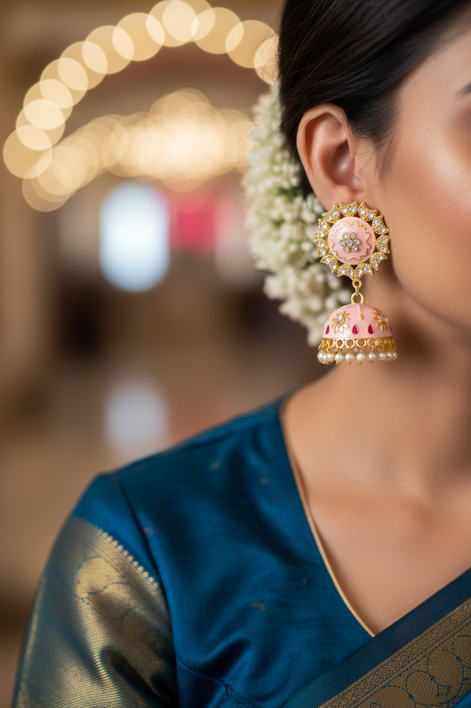 Light Pink Meenakari Kundan Jhumki Earrings - close-up on model teal saree