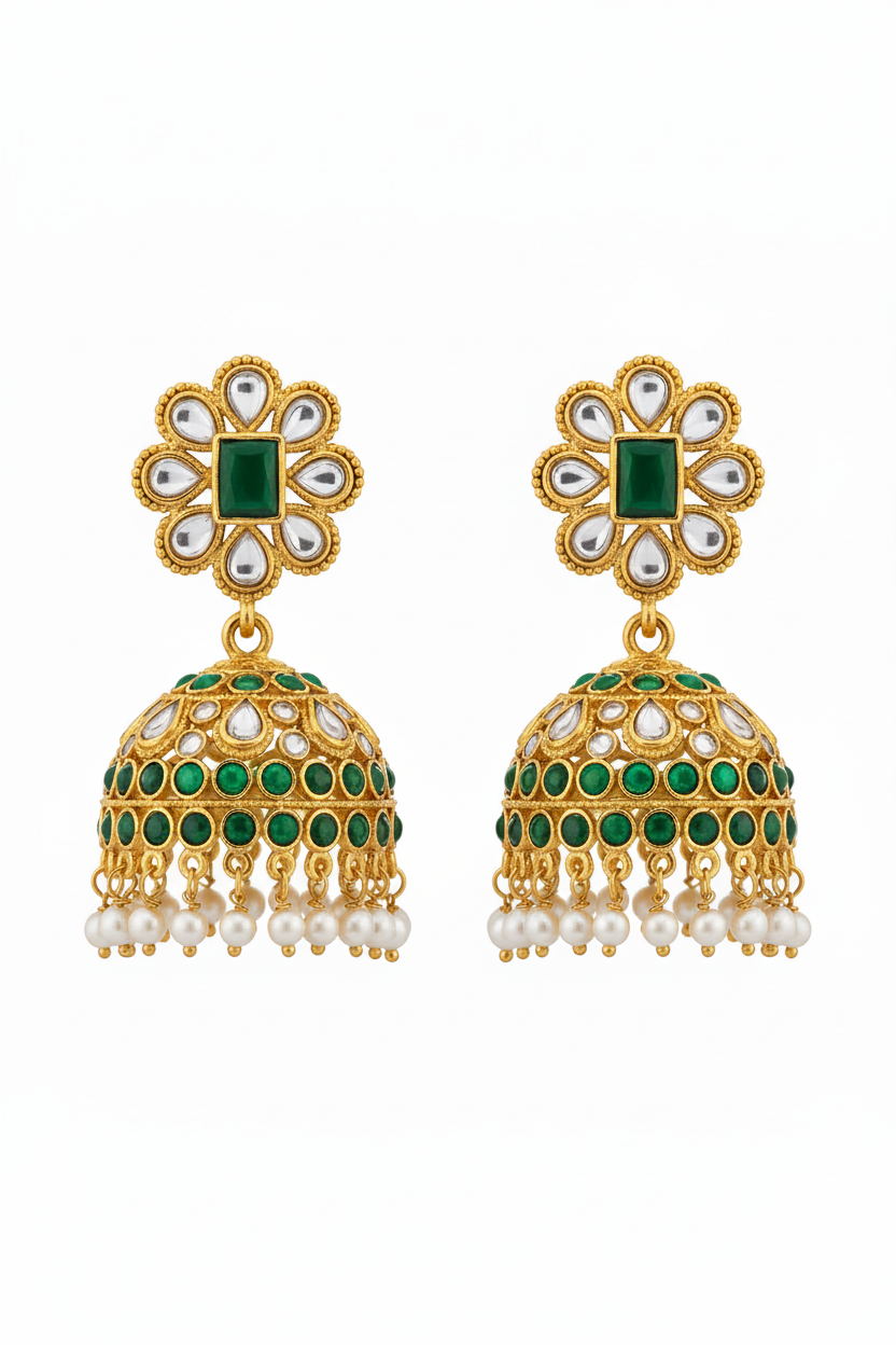 Emerald Pearl Jhumkis on white background