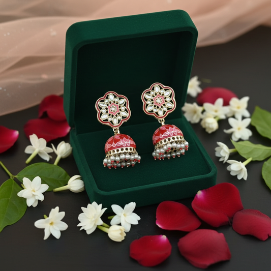 Red Meenakari Kundan Jhumki Earrings - Green Velvet Box