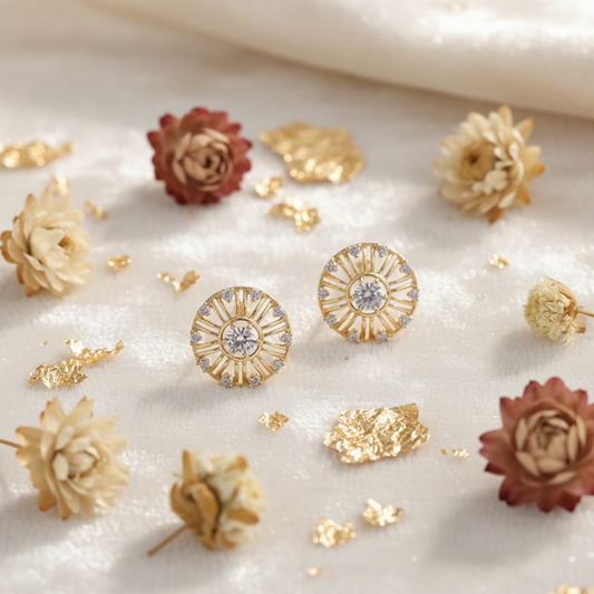 Gold CZ Sunburst Stud Earrings - Flat Lay