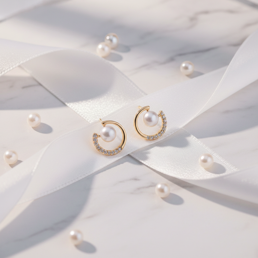 Gold American Diamond Pearl Circle Stud Earrings - Lifestyle