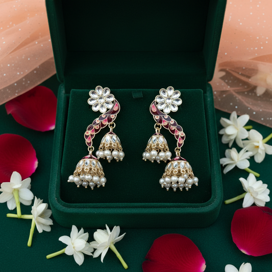 Maroon Meenakari Peacock Triple Jhumki Earrings - Green Velvet Box