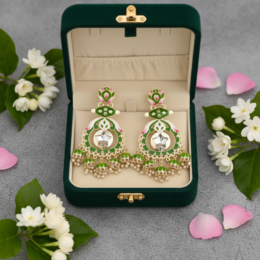 Green Meenakari Lotus Chandbali Earrings - Green Velvet Box
