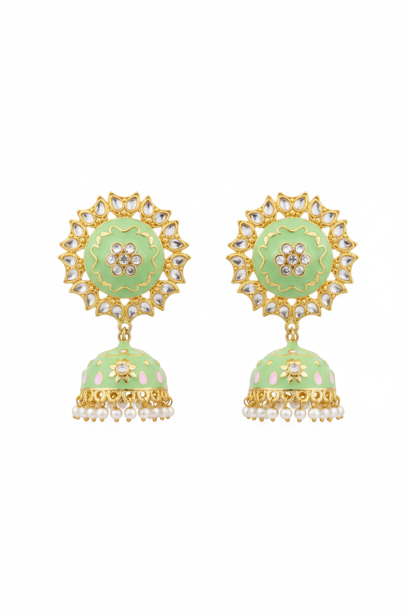Mint Green Meenakari Kundan Jhumki Earrings - white background