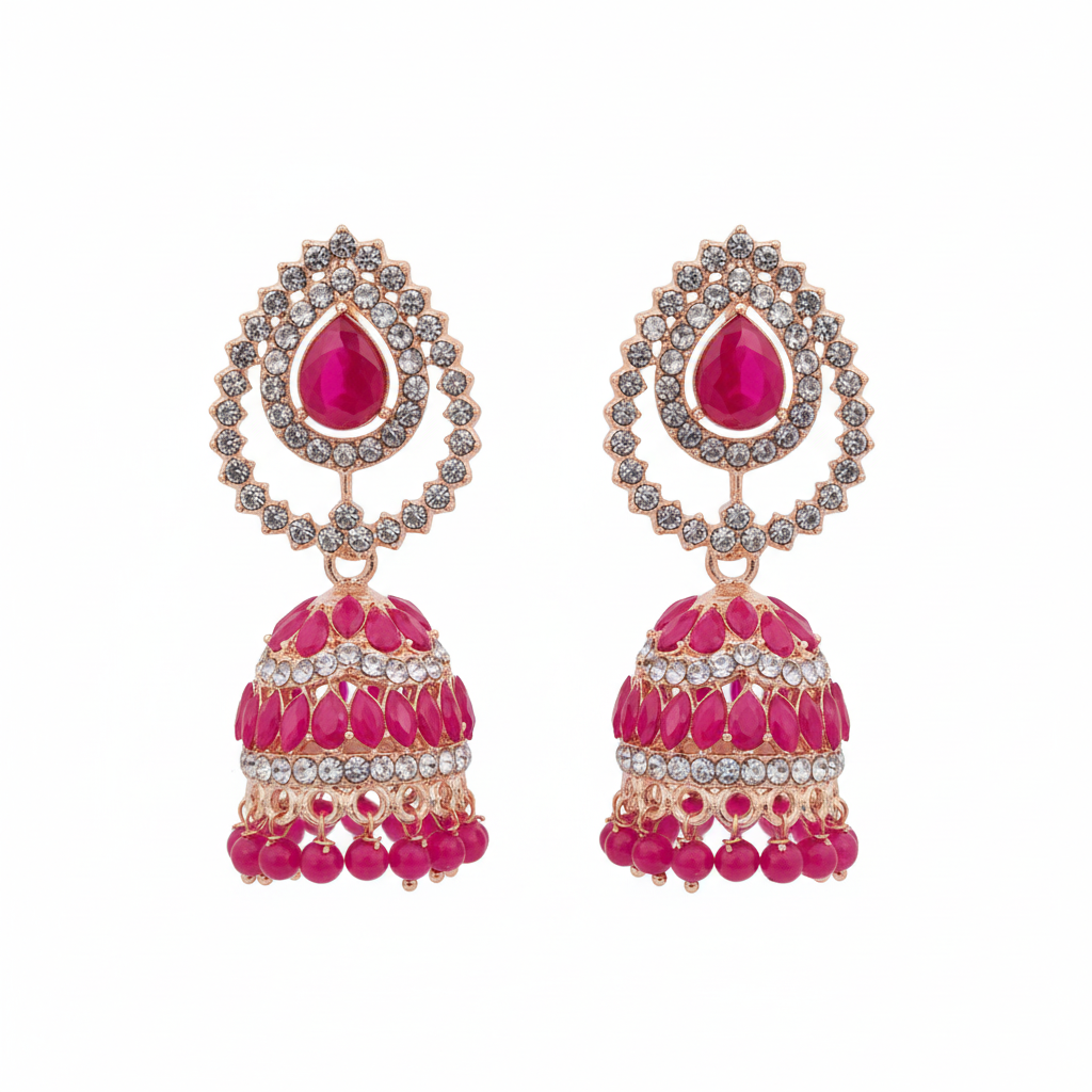 Hot Pink Ruby Teardrop Crystal Jhumki Earrings - White Background