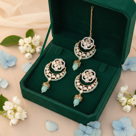 Aqua Blue Kundan Chandbali Set - Green Velvet Box