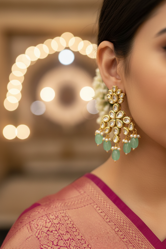 Mint Kundan Earrings - earring close-up on model