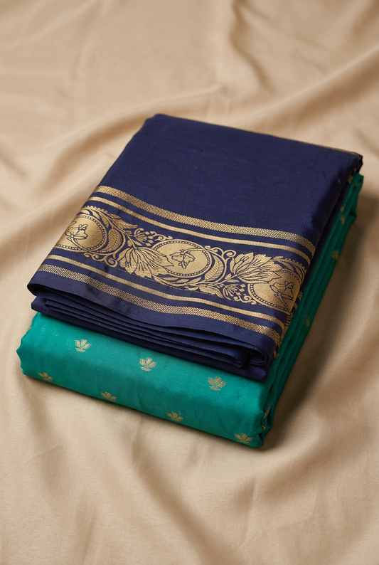 Teal soft silk saree neatly folded showing the navy blue gold zari border
