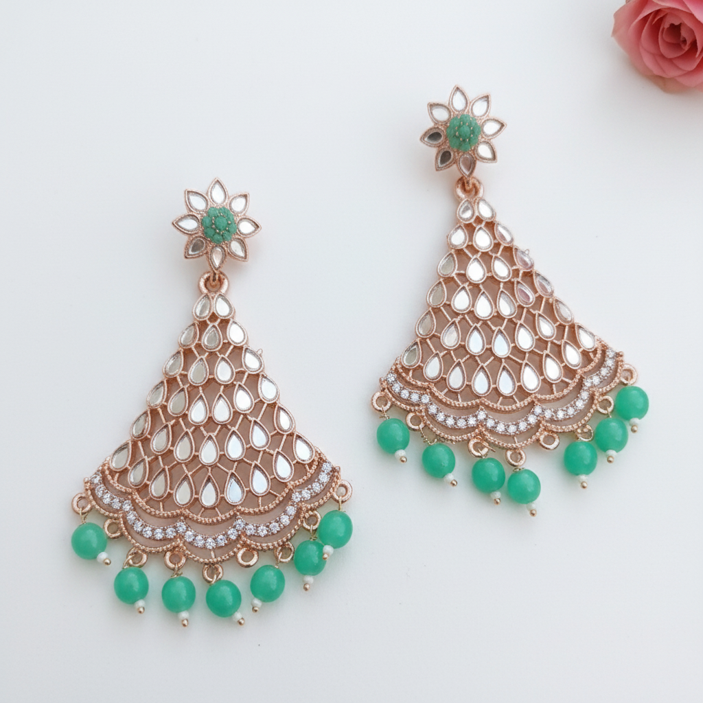 Mint Green Mirror Kundan Chandbali Earrings - White Background