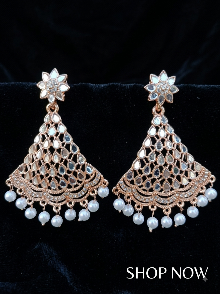 White Pearl Mirror Kundan Chandbali Earrings - Original