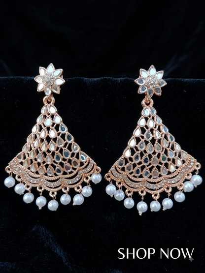 White Pearl Mirror Kundan Chandbali Earrings - Original