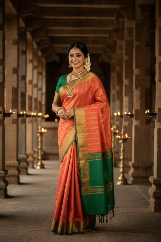 Red and Green Banana Silk Saree