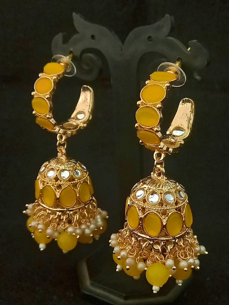 Yellow Kundan Hoop Jhumki Earrings - Original