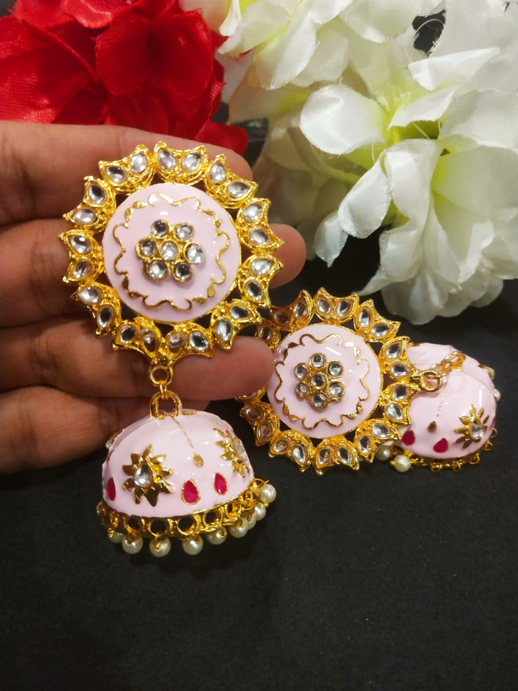 Light Pink Meenakari Kundan Jhumki Earrings - original photo 1