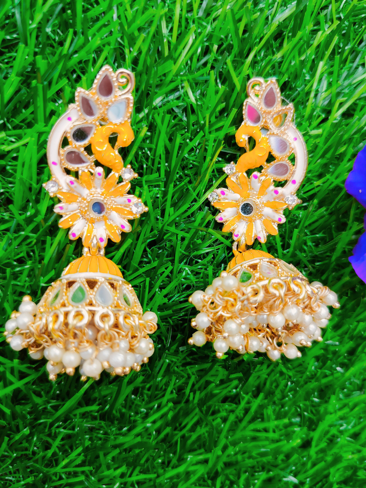 Yellow Meenakari Peacock Jhumki Earrings - Original