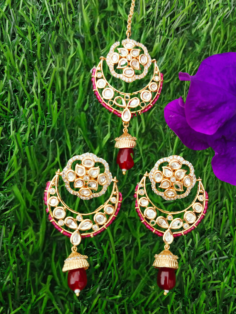 Deep Red Ruby Kundan Chandbali Set - Original
