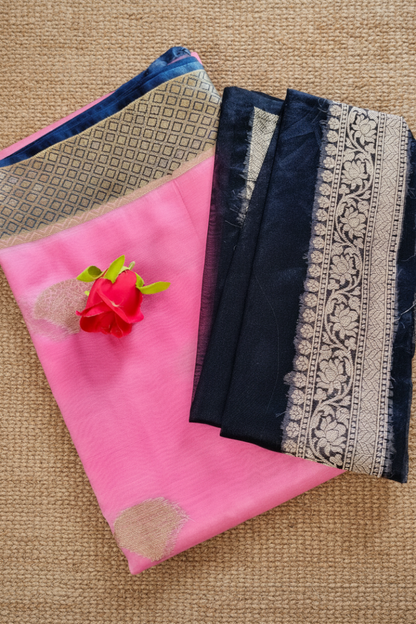 Pink and Blue Kora Organza Silk Saree