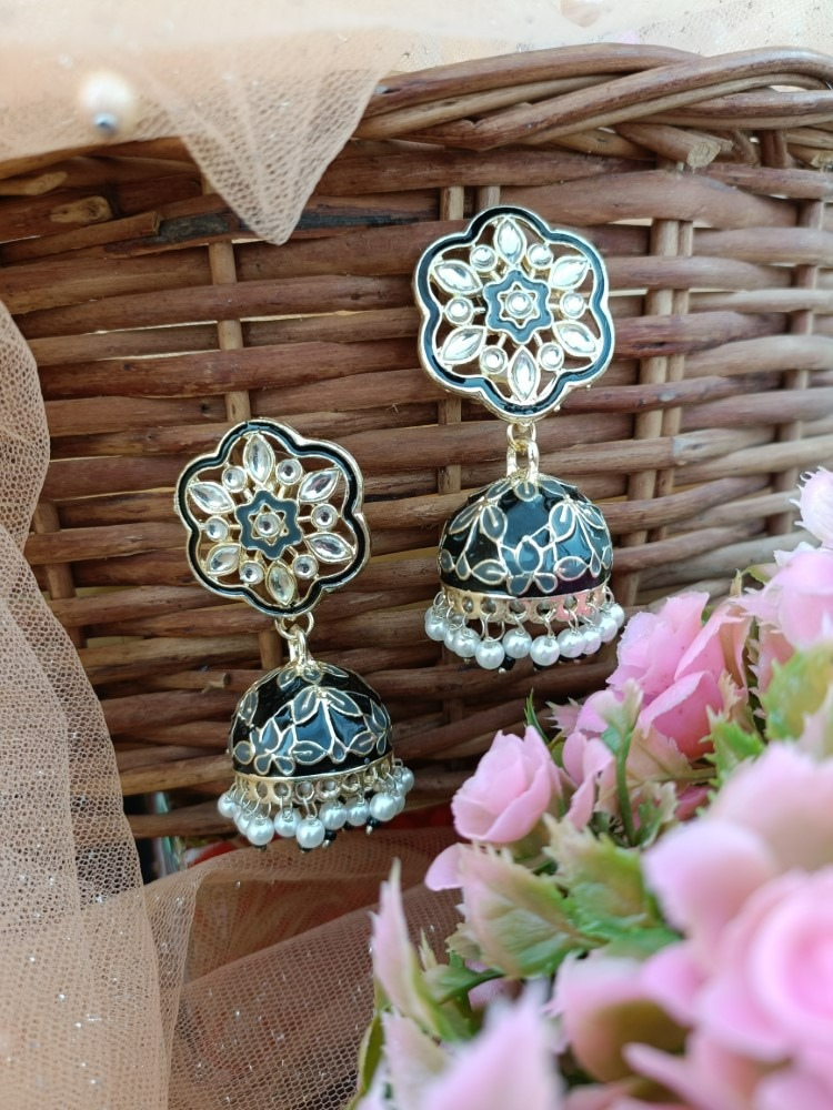 Dark Green Meenakari Kundan Jhumki Earrings - Original