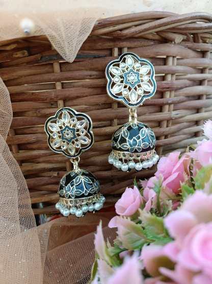 Dark Green Meenakari Kundan Jhumki Earrings - Original