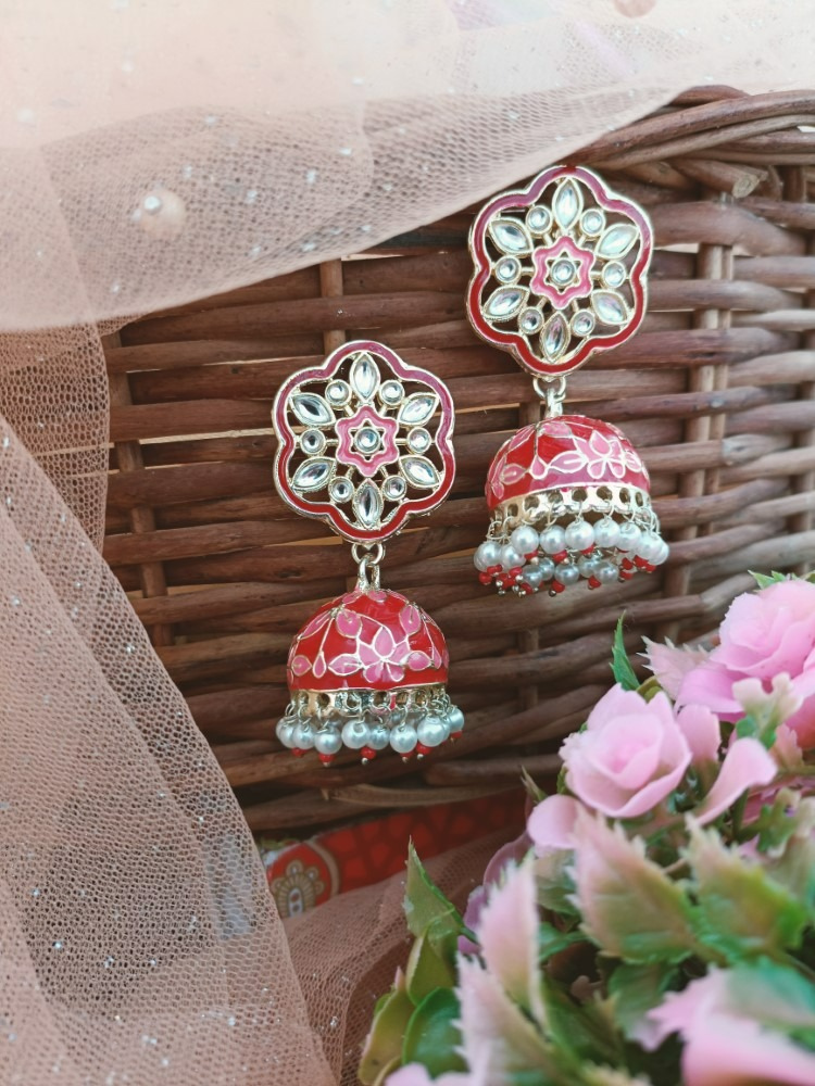 Red Meenakari Kundan Jhumki Earrings - Original