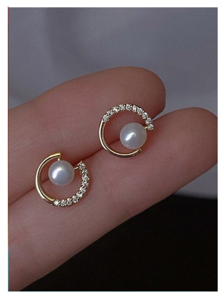 Gold American Diamond Pearl Circle Stud Earrings - Original