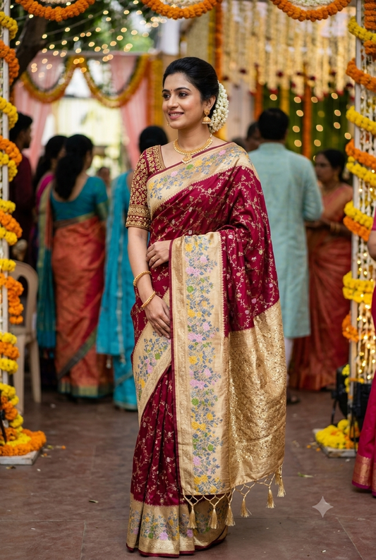 Maroon Meenakari Banarasi Silk Saree