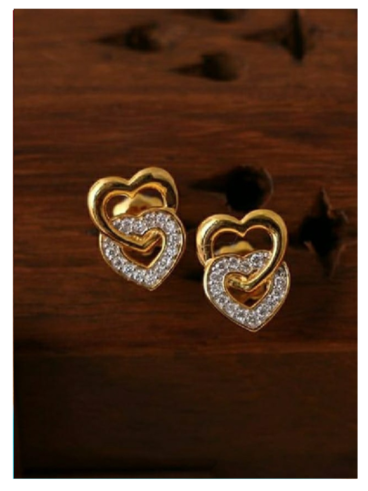 Gold American Diamond Double Heart Stud Earrings - Original