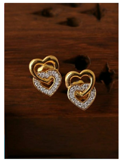 Gold American Diamond Double Heart Stud Earrings - Original