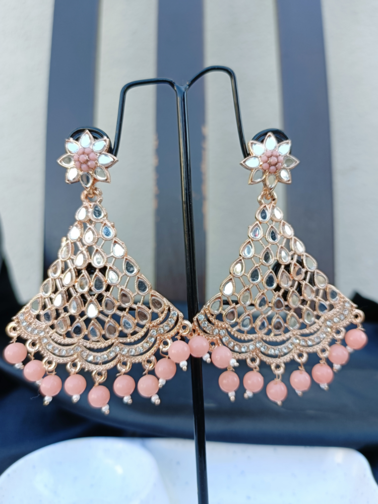 Peach Pink Mirror Kundan Chandbali Earrings - Original