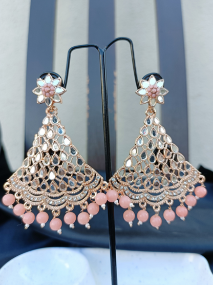 Peach Pink Mirror Kundan Chandbali Earrings - Original