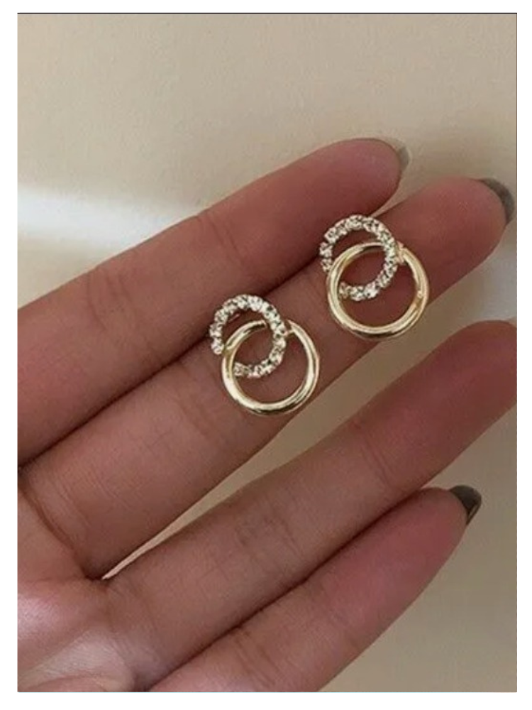 Gold CZ Double Circle Interlocked Stud Earrings