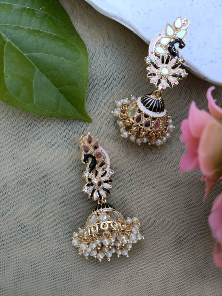 Black & White Meenakari Peacock Jhumki Earrings - Original