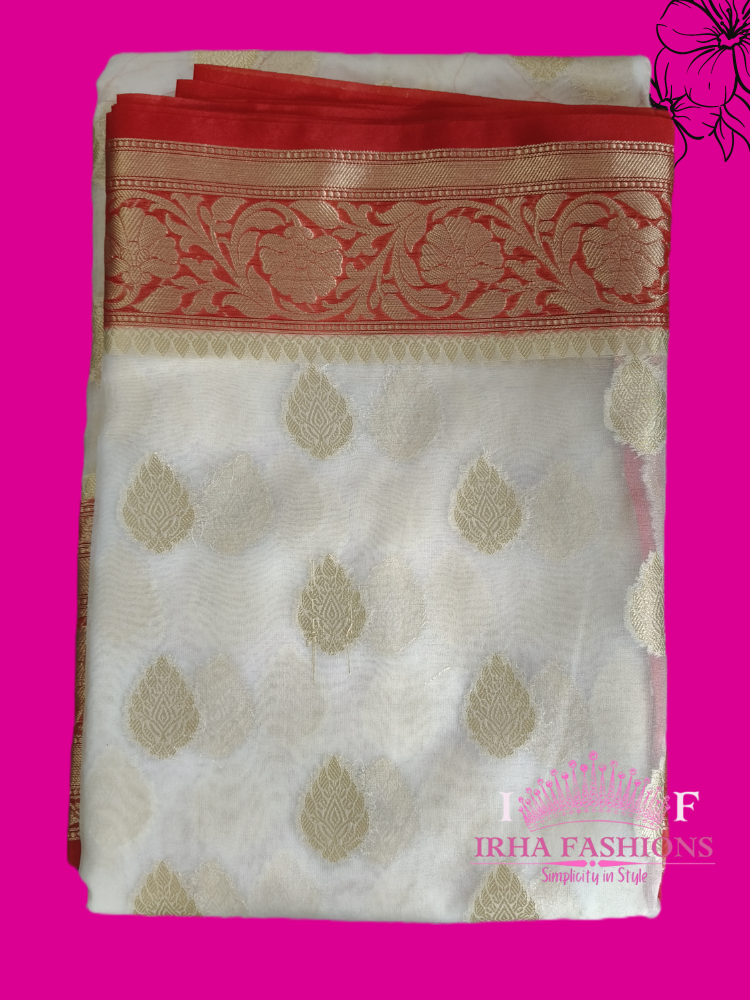Red and White Kora Organza Silk Double Zaree