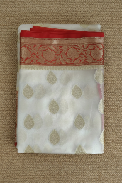Red and White Kora Organza Silk Double Zaree