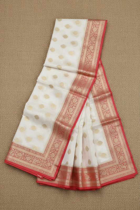 Red and White Kora Organza Silk Double Zaree