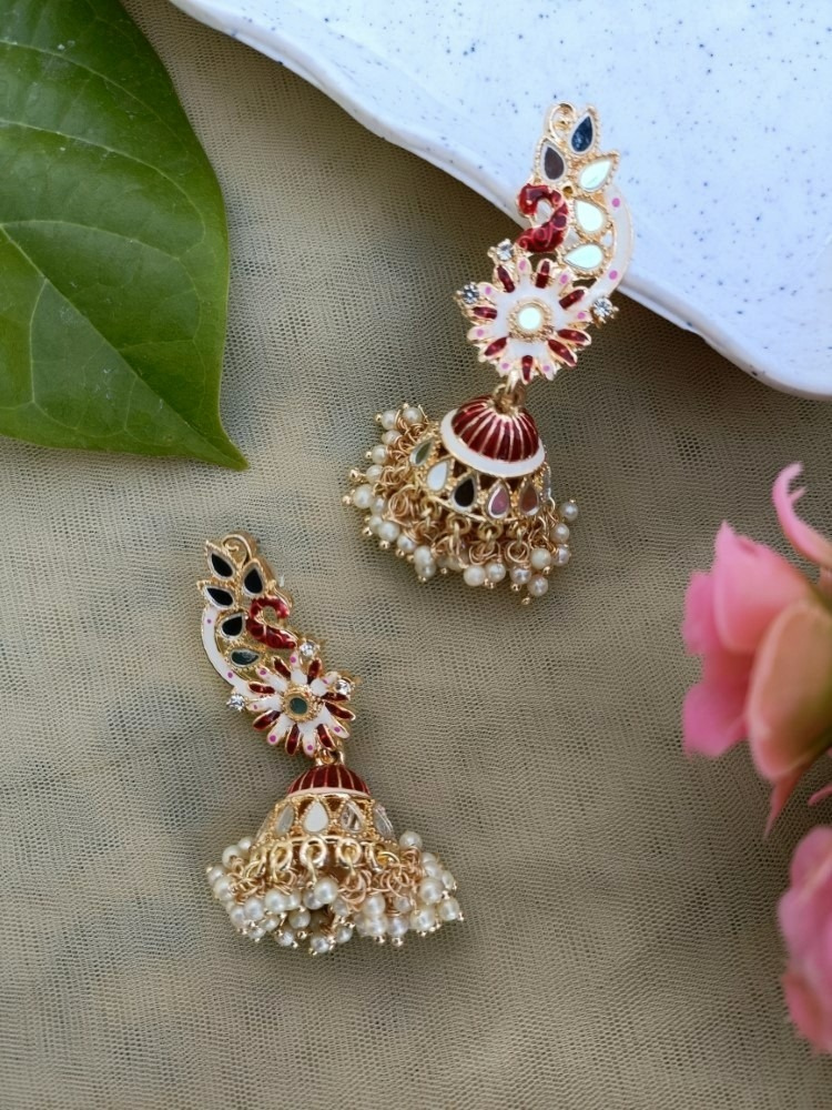 Maroon & White Meenakari Peacock Jhumki Earrings - Original