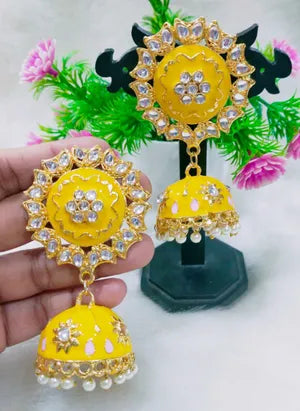 Yellow Meenakari Kundan Jhumki Earrings