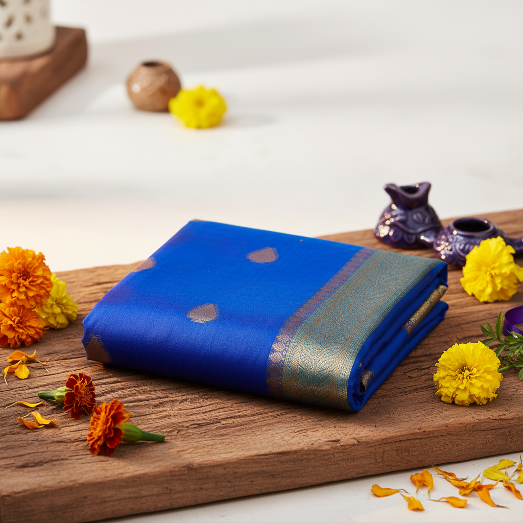 Blue with Skyblue Pure kora Organza Silk Saree