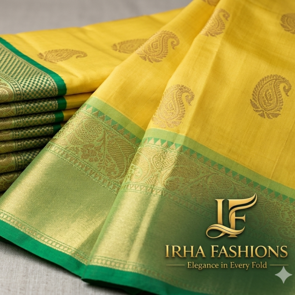 Yellow and Green Organza Silk Saree